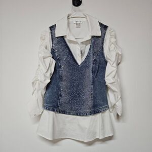 VENUS Blue Denim Vest with White Sleeves Size 8